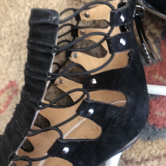 NWOT L.A.M.B. By Gwen Stefani black suede w elastic cords open toe pump sandal - Picture 10 of 12